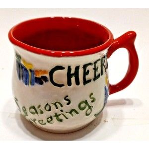 Cheers Hand Painted Season's Greetings Mug Red Inside Red Handle Holly Berries